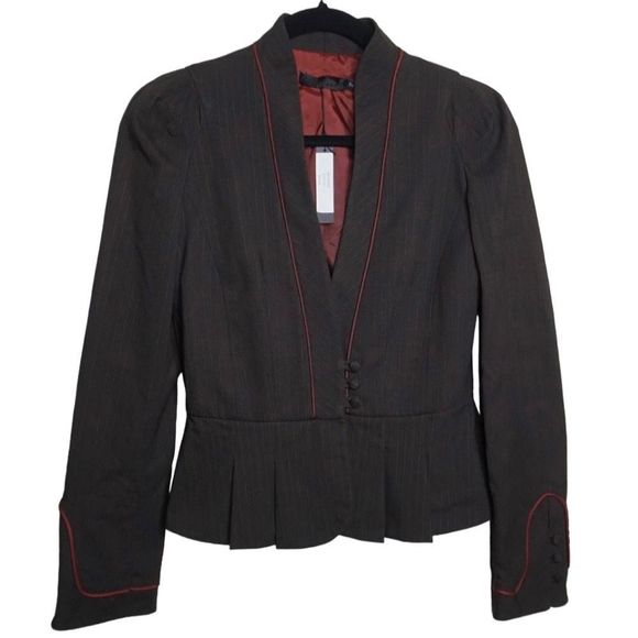 Development Pinstripe Brown Fitted Blazer‎ Ruffle Red Piping Sz 2 NWT Women's - Picture 1 of 7